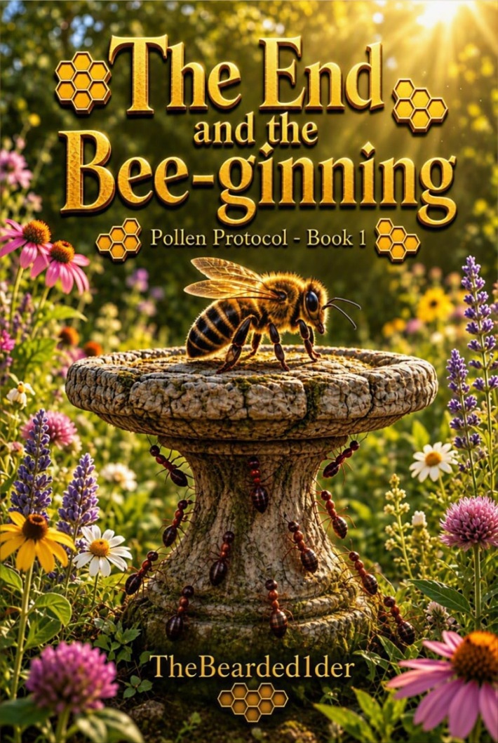 Cover of The End and the Bee-ginning, showing a bee in a sunlit garden