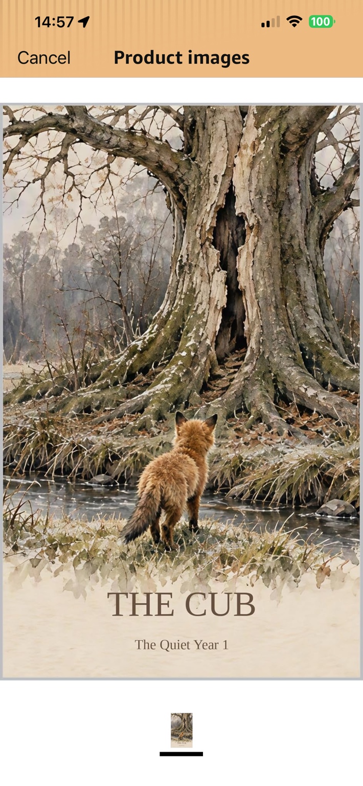 Cover of The Cub, showing a young fox facing an ancient hollow tree beside a stream